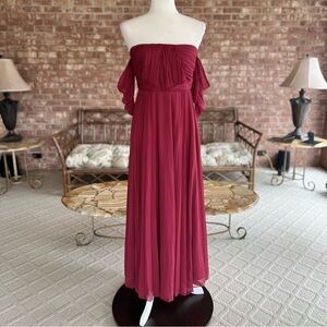 ASOS Evening Maxi Dress Strapless Burgundy Chiffon Ruched Draped Sleeve NWT 4P